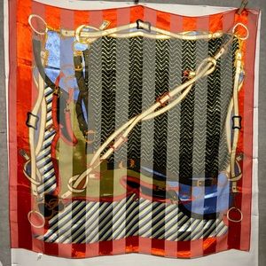 Equestrian print scarf 41” square blue orange tan brown NEW OR LIKE NEW